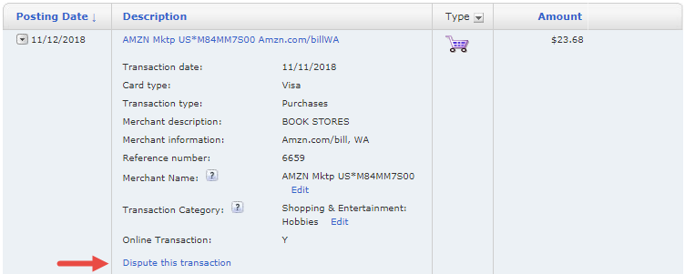 Image outlining the location of the dispute transaction link, which can be found in the Description section of each transaction in the account overview section of Online Banking.