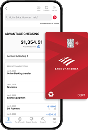 A Bank of America debit card beside a smartphone open to the Bank of America mobile app displaying an Advantage Checking account
