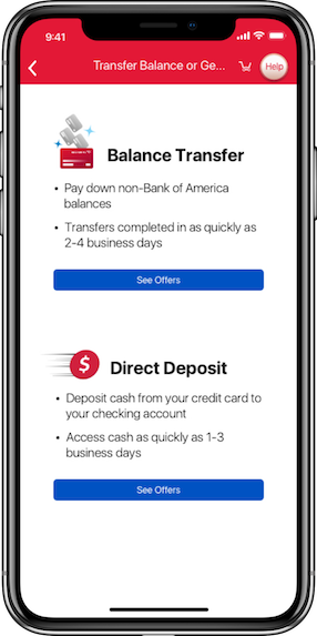 Image displaying a phone with example direct deposit and balance transfer options